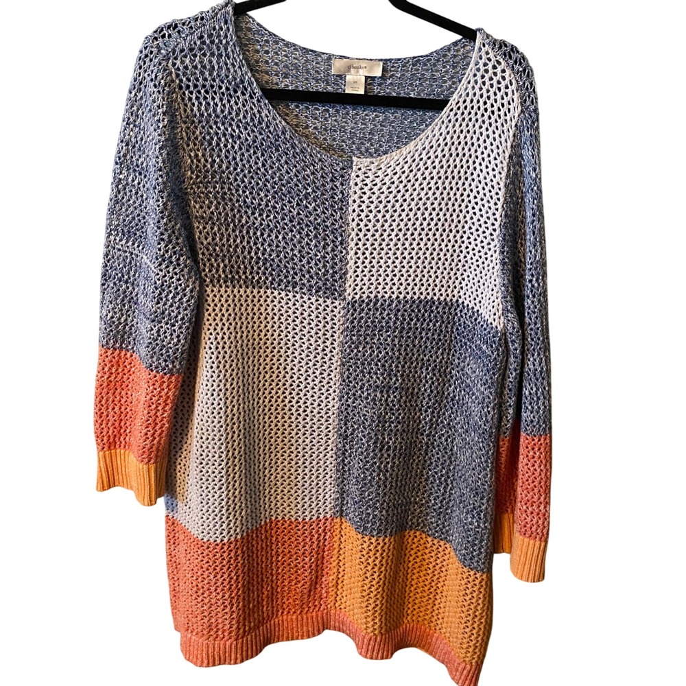 CJ Banks Colorblock Crochet Knit Sweater Tunic Women 2X‎ Blue Coral Orange